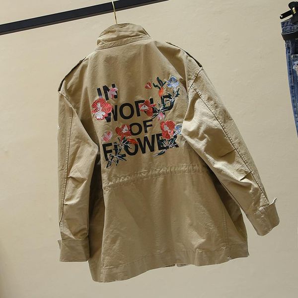 

women's trench coats korean style loose and plus-sized bf student all-match embroidery ins waist hugging tooling windbreaker female har, Tan;black