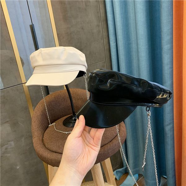 

patent leather flat chain navy hat fashion in england street, Blue;gray