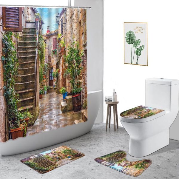 

shower curtains retro pastoral landscape plant flower fence vine town street view bathroom decor set non-slip carpet bath screen