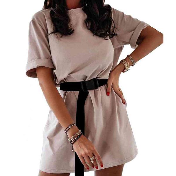 

dress plus size women solid color o neck half sleeve belt home leisure t-shirt mini loose dress party summer, Black;gray