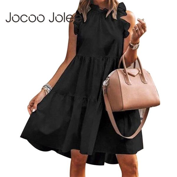 

women solid sleeveless loose elegant o neck ruffles knee vintage gothic sundress plus size beach dress 210416, Black;gray