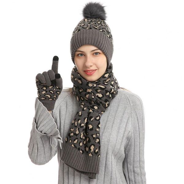 

hats, scarves & gloves sets autumn winter 1 set hat scarf leopard knitted women thickened lining touchscreen for 2021, Blue;gray