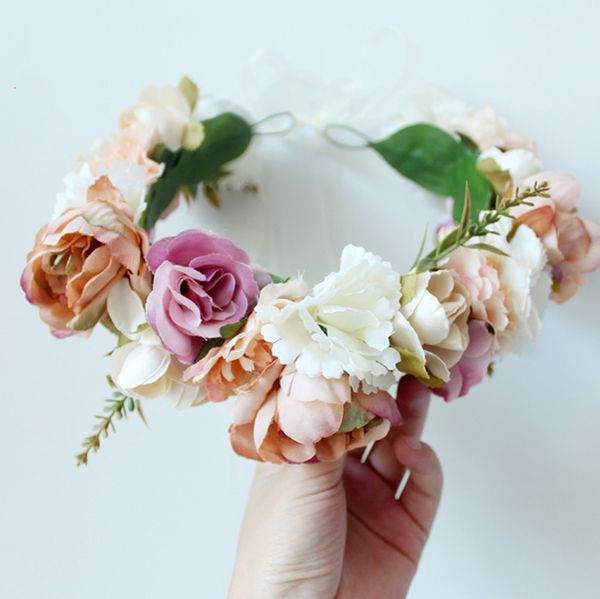 

girls floral wreath headdress ins fashion woman handmade simulation flower garland bridesmaid ornaments children pgraphy props hair accessor, Slivery;white