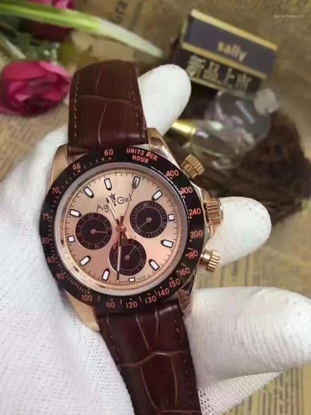 

mens classicrose gold chocolate ceramic bezel brown leather gent's automatic mechanical sapphire watches + quality wristwatches, Slivery;brown