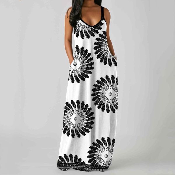

casual dresses fashion women long dress plus size print o-neck pockets short sleeve maxi spaghetti strap summer femme robe, Black;gray