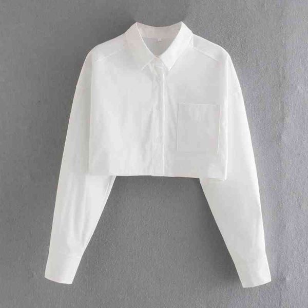 

summer women pocket decoration white short shirt female long sleeve blouse casual lady loose crop blusas s8978 210430