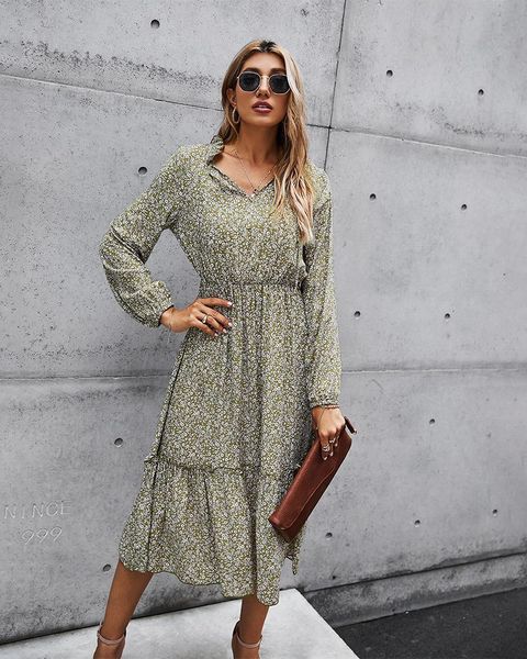 

vintage women 's dress elegant long sleeve v-neck floral loose shirt dresses autumn summer womens clothes bohemian casual, Black;gray
