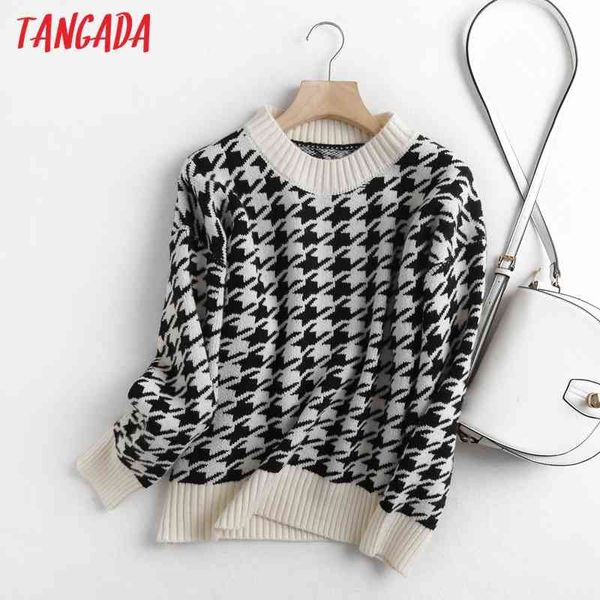 Frauen Plaid Muster Übergroßen Gestrickte Pullover Jumper O Hals Weibliche Lose Pullover Chic Tops BC118 210416