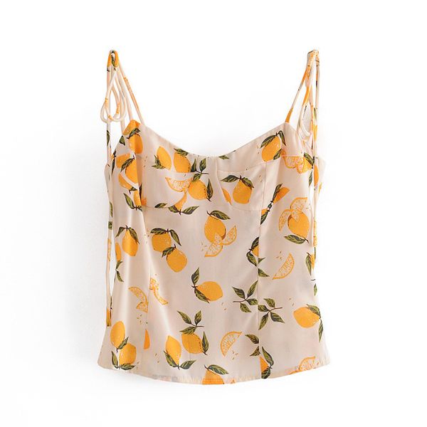 

evfer women summer orange print short camis laides french style vintage elastic waist small sweet girl chiffon sling 210421, White