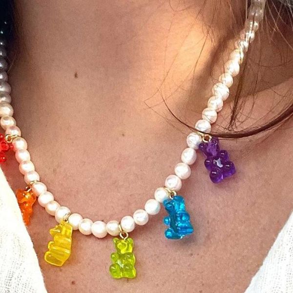 

pendant necklaces stonefans colorful teddy bear pearl necklace zircon beaded resin cute charm women jewelry gifts, Silver