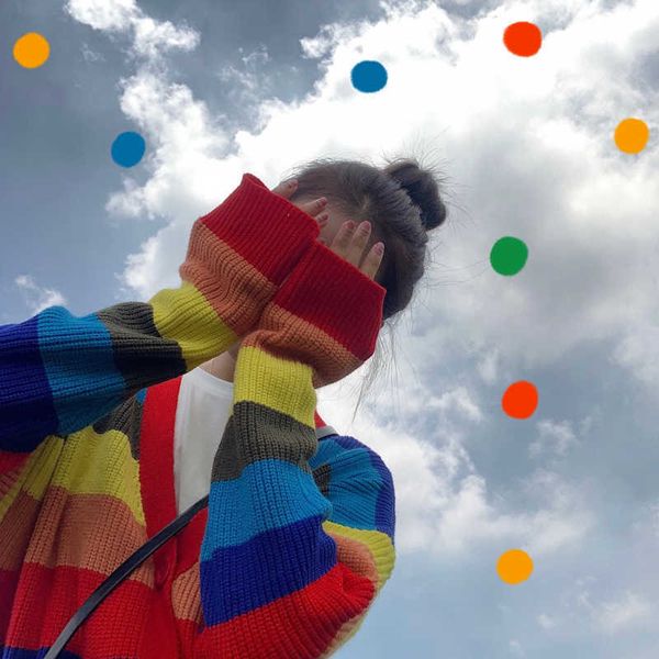 

autumn korea ins harajuku sweet rainbow stripes long-sleeved knit jacket women fashion loose cardigan casual 210608, Black;brown