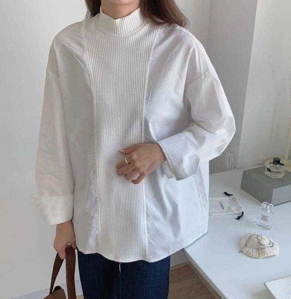 

women's knits & tees turtleneck knitted patchwork spring blouse women loose vintage harajuku elegant korean shirts casual lon, White