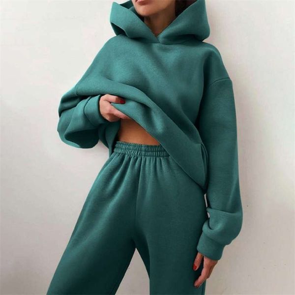 

women's tracksuit casual fleece two piece sets oversized hooded long sleeve female hoodie suit winter sport pants ladies set 210925, White
