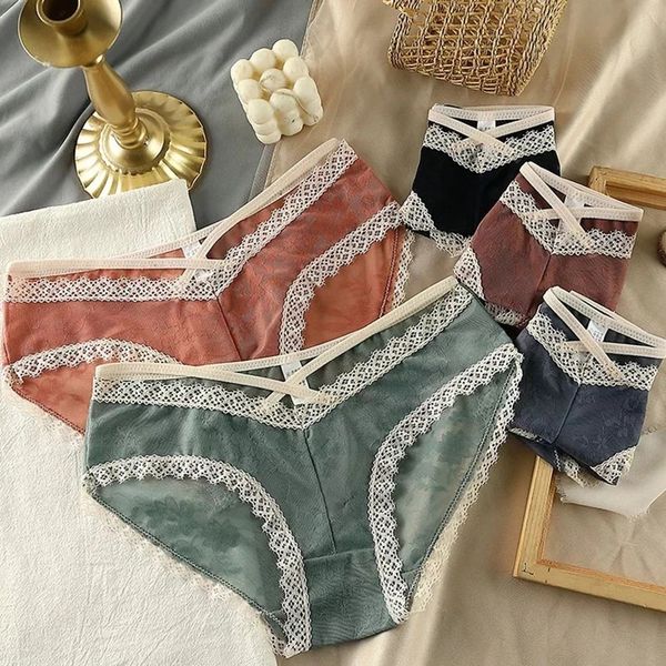 

french elegant ladies lace panties ice silk mesh breathable briefs pure cotton hip lightweight women underwear hollow soft, Black;pink