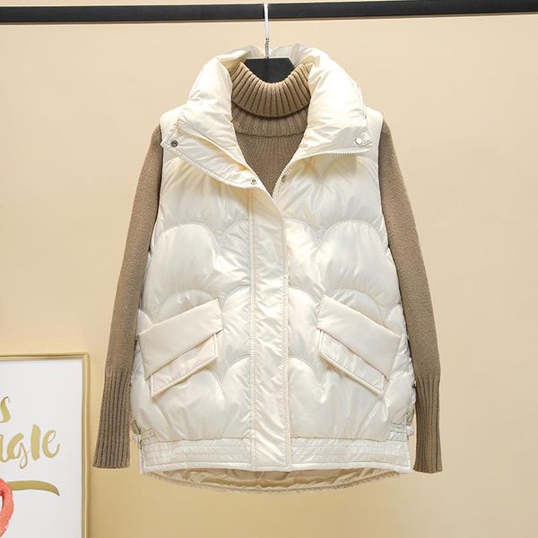 

women's vests women glossy bright cotton padded vest stand collar warm casual sleeveless jacket female winter down waistcoat, Black;white