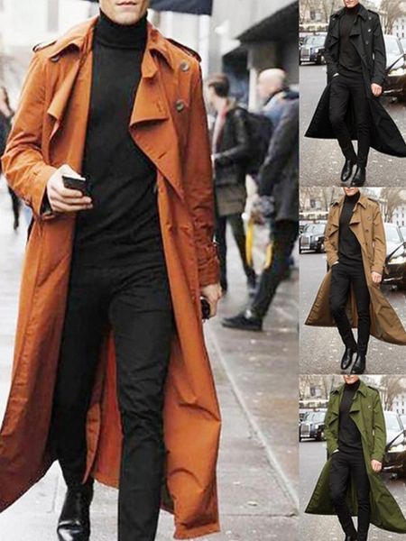 

spring autumn mens long windbreaker solid color fashion casual jacket lapel double-breasted male trench coat overcoat, Tan;black