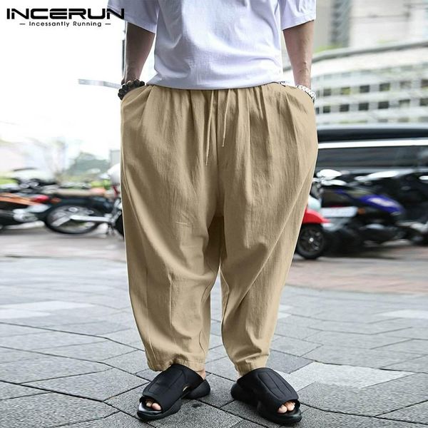 

men's pants men cotton joggers retro solid color streetwear casual wide leg trousers 2021 drawstring baggy pantalones hombre incerun, Black
