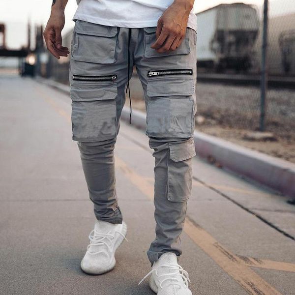 

men's pants cargo zipper multi-pocket men's slim cotton jogging casual sport solid color sweat trousers tracksuit male safari cloth, Black