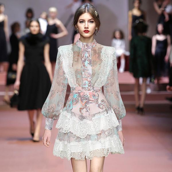 

collar lantern long sleeve single breasted loose a-line half skirt fashion retro printing set spring / summer 2021 two piece dress, White