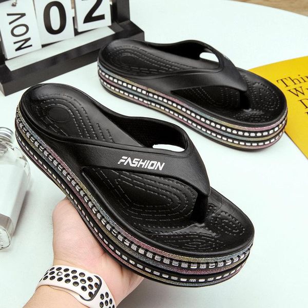 

summer ladies sandals flat heel platform beach slippers flip-flops net red, Black