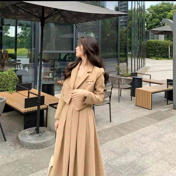 

two piece dress korea women autumn classic khaki 2 set casual tracksuits round collar blazer with high waist long pleated skirts luth, White