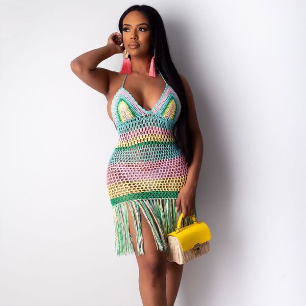 

fringed bikini cover-ups handmade crochet rainbow backless summer dress tunic women swim suit cover up a374 210420, White;black
