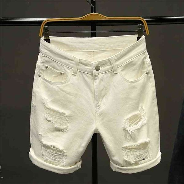 

summer white & black &khaki men ripped loose straight jeans short fashion hip hop bermuda holes casual denim cargo shorts 210713