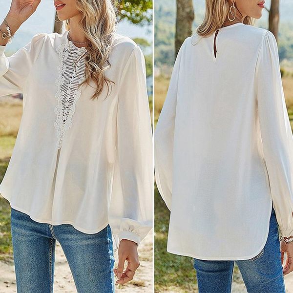 

women's hollow flower lace shirt stitching solid color casual white t-shirt