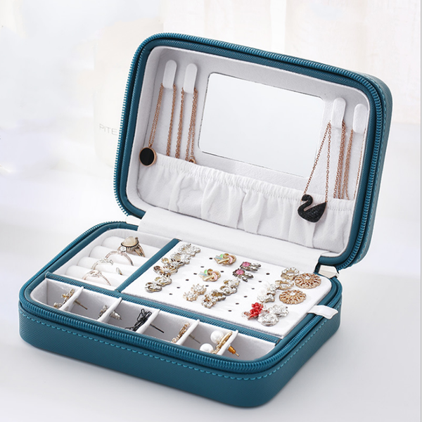 

2021 new pu leather simple jewelry box with zipper and mirror portable jewelry storage box earrings, Black;white