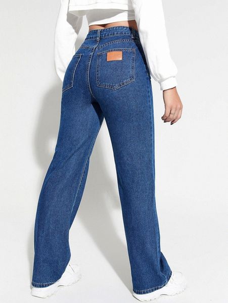 

high waist patched detail wide leg jeans 19tx#, Blue