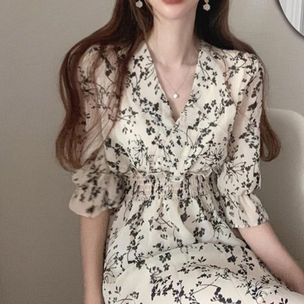 

party dresses korean chic vintage woman dress elegant v-neck slim waist chiffon long women 2021 fashion print vestido feminino, White;black
