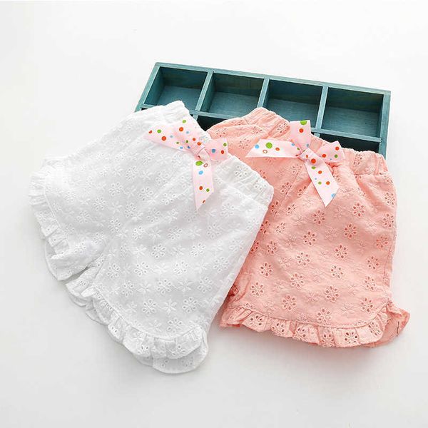 

casual child kids fashion cotton lace embroidery flower bow decoration ruffle sports beach girls summer shorts 2-10 years 210529, Black