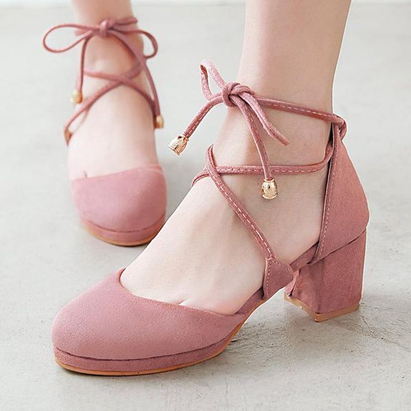 

plus size 34-43 lovely women pink lace-up ankle strap pumps spring high sandal square heels shoes woman party weeding dress shoe sandals, Black
