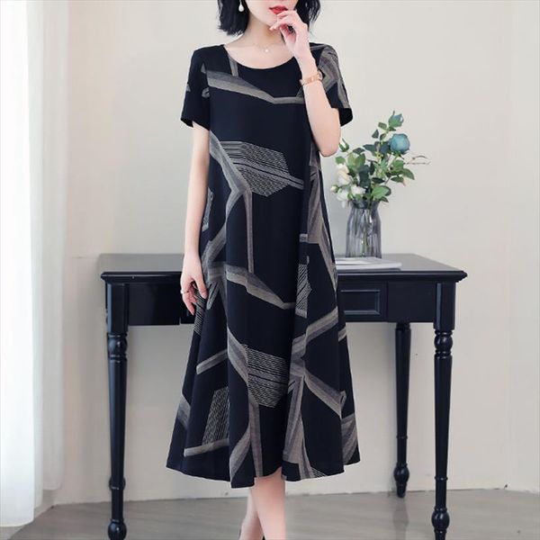 

summer print loose casual large womens dress size midi vestido de mujer, Black;gray