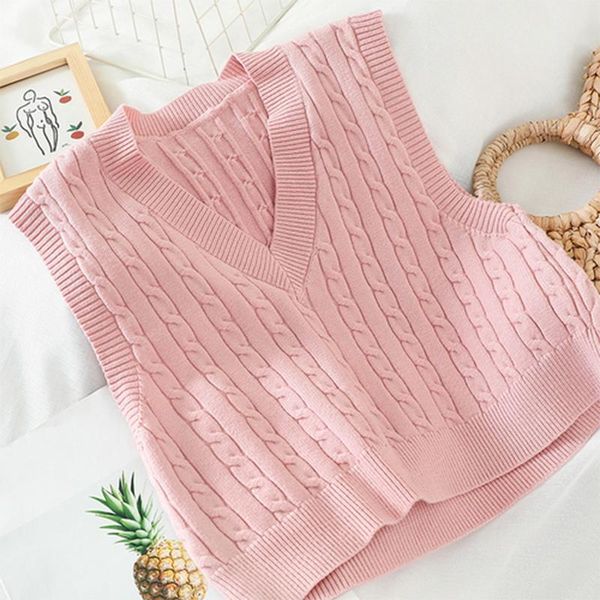 

women's vests lucyever pink sweet v-neck girl's vest 2021 autumn korean preppy style sleeveless pullovers woman short knitted jump, Black;white