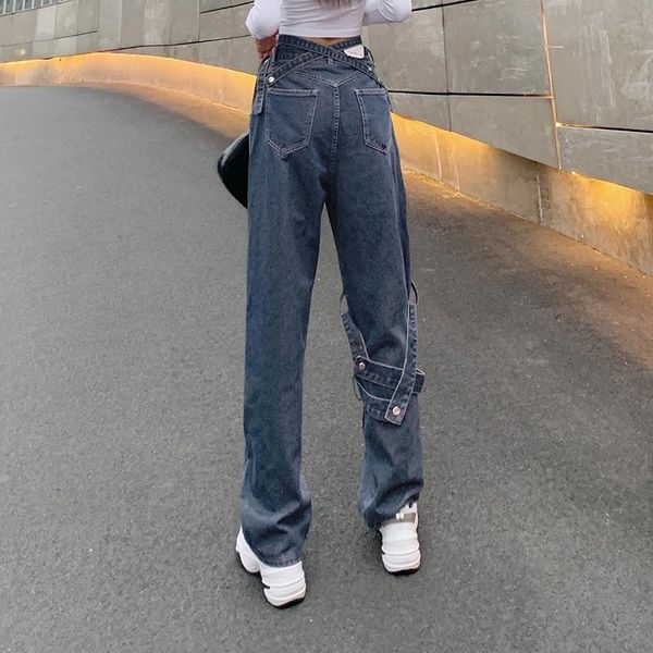

women's jeans fashion y2k winter high waist hollow out ribbon holes straight loose denim pants mom baggy trousers, Blue