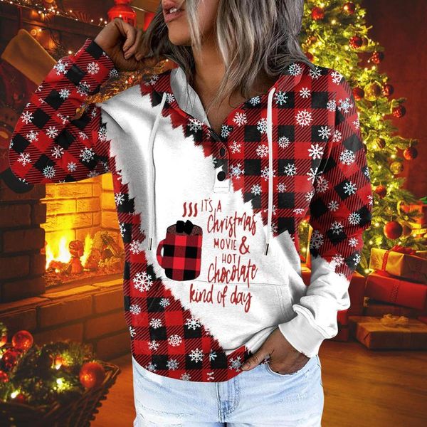 

women's hoodies & sweatshirts autumn winter fahsion casual drawstring button pullover women vintage christmas printed hooded 2021, Black