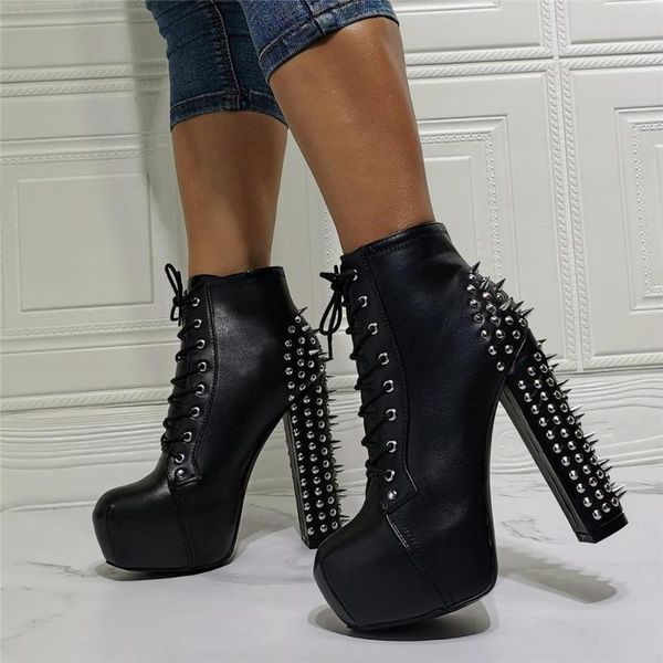 

boots linamong woman black spikes round toe ankle punk style lace up front chunky heels short rivets botas booties