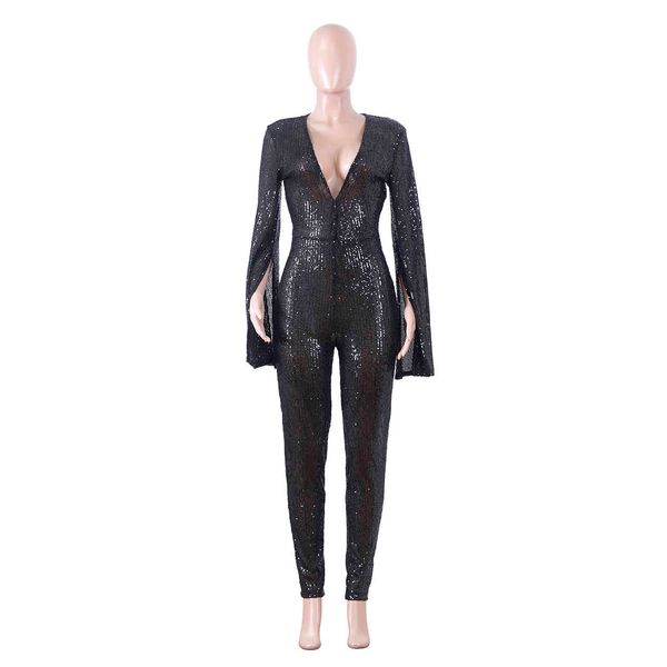 

est stunning women jumpsuits with bell long sleeves deep v neck sparkle sequins party nightclub ny rompers black white