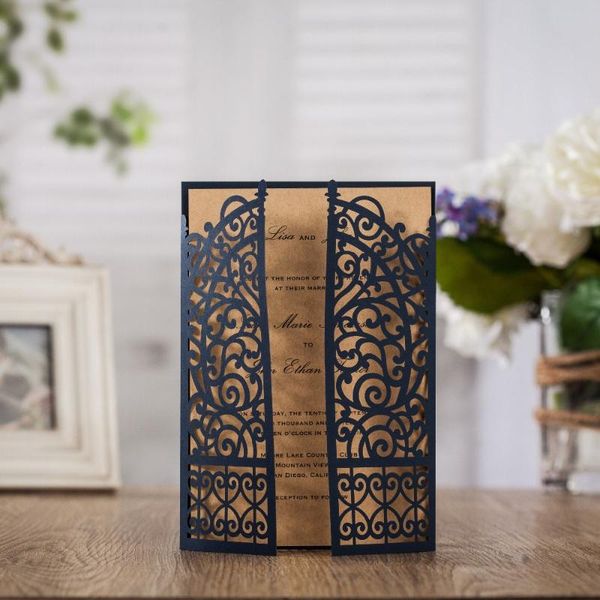 

greeting cards wishmade laser cut wedding invitations with navy blue hollow open gate design for engagement bridal shower party 50pcs/lot