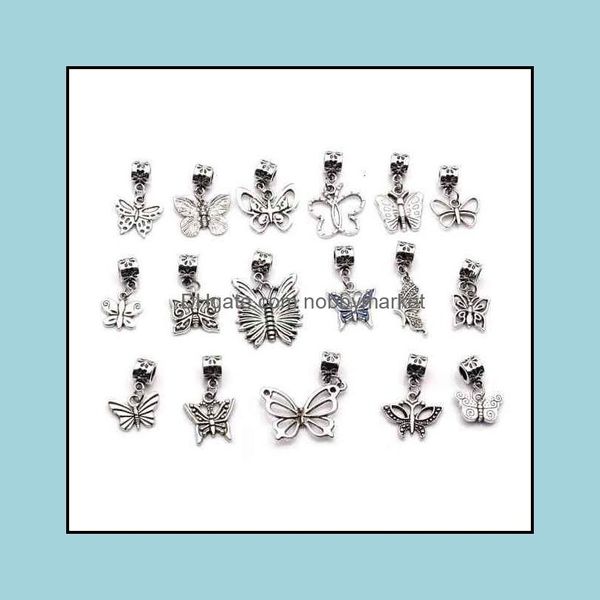 Ciondoli Componenti di gioielli Componenti Marca Migliore vendita! 102 pezzi di argento antico con perline pendenti a forma di farfalla mista adatte per braccialetti europei 17- S