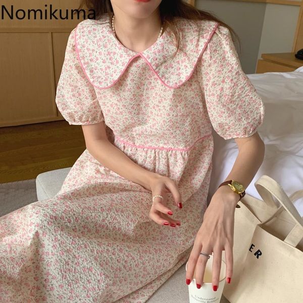 

nomikuma korean sweet midi dress women turn down collar short sleeve high waist a line floral printed dresses vestidos mujer 210514, Black;gray