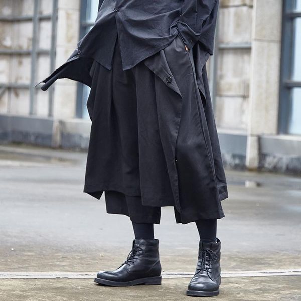 

men's pants men japan streetwear two style wear loose casual wide leg skirt trousers male hip hop punk gothic harem kimono, Black