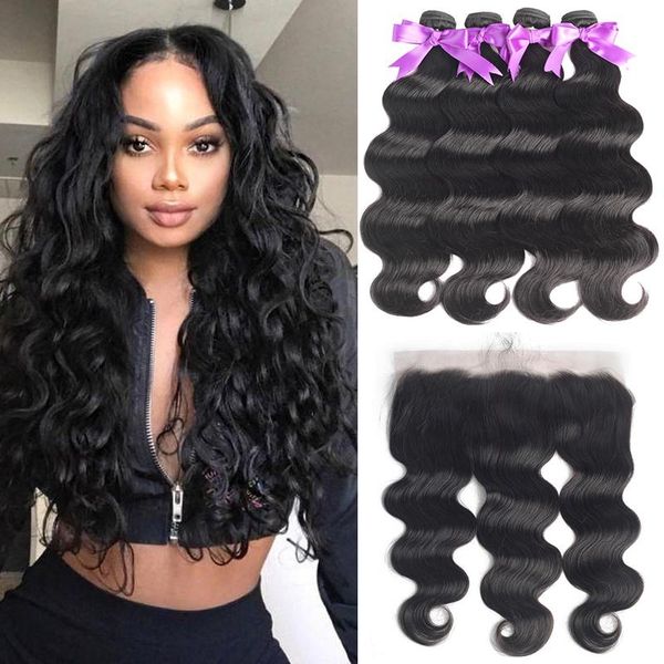 

human hair bulks bundles with frontal body wave brazilian weave 13x4 lace 18 20 26 28 30 inch in stock, Black