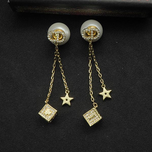 

d dice full of stars tassel earrings female pearl temperament earrings brass material, Black