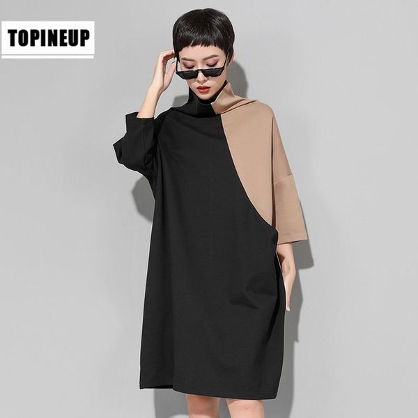 

casual dresses 2021 ladies turtleneck long sleeve women's loose patchwork plus size women cloths, Black;gray
