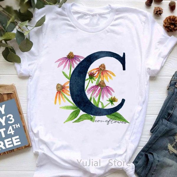 

c is coneflower print men t shirts tshirts and women vogue floral alphabet series shirt femme harajuku kawaii clothes female, White;black