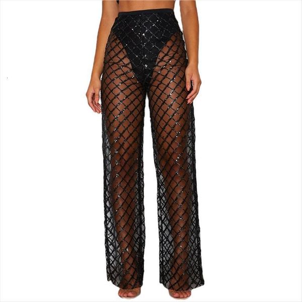 

lace plaid beach womens pants wide leg long loose fashion see through female high waisted swimwear trousers, Black;white