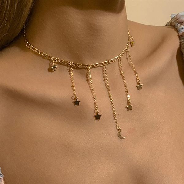 

chokers fashion moon star tassel pendant necklace for women clavicle chain choker party jewelry accessories, Golden;silver