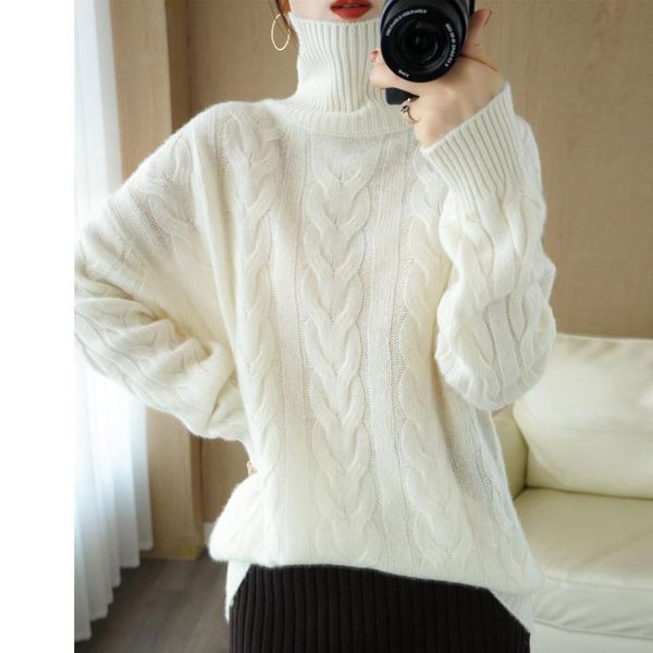 

women's sweaters 100% pure wool cashmere sweater autumn/winter 2021 woman high neck pullover twist slim knit large size female jacket, White;black